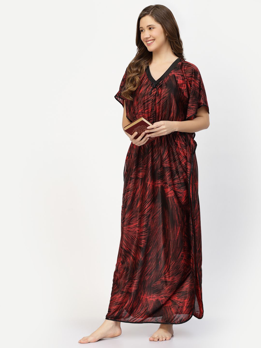 

CHUI MUI Women Printed Maxi Kaftan Nightdress, Maroon