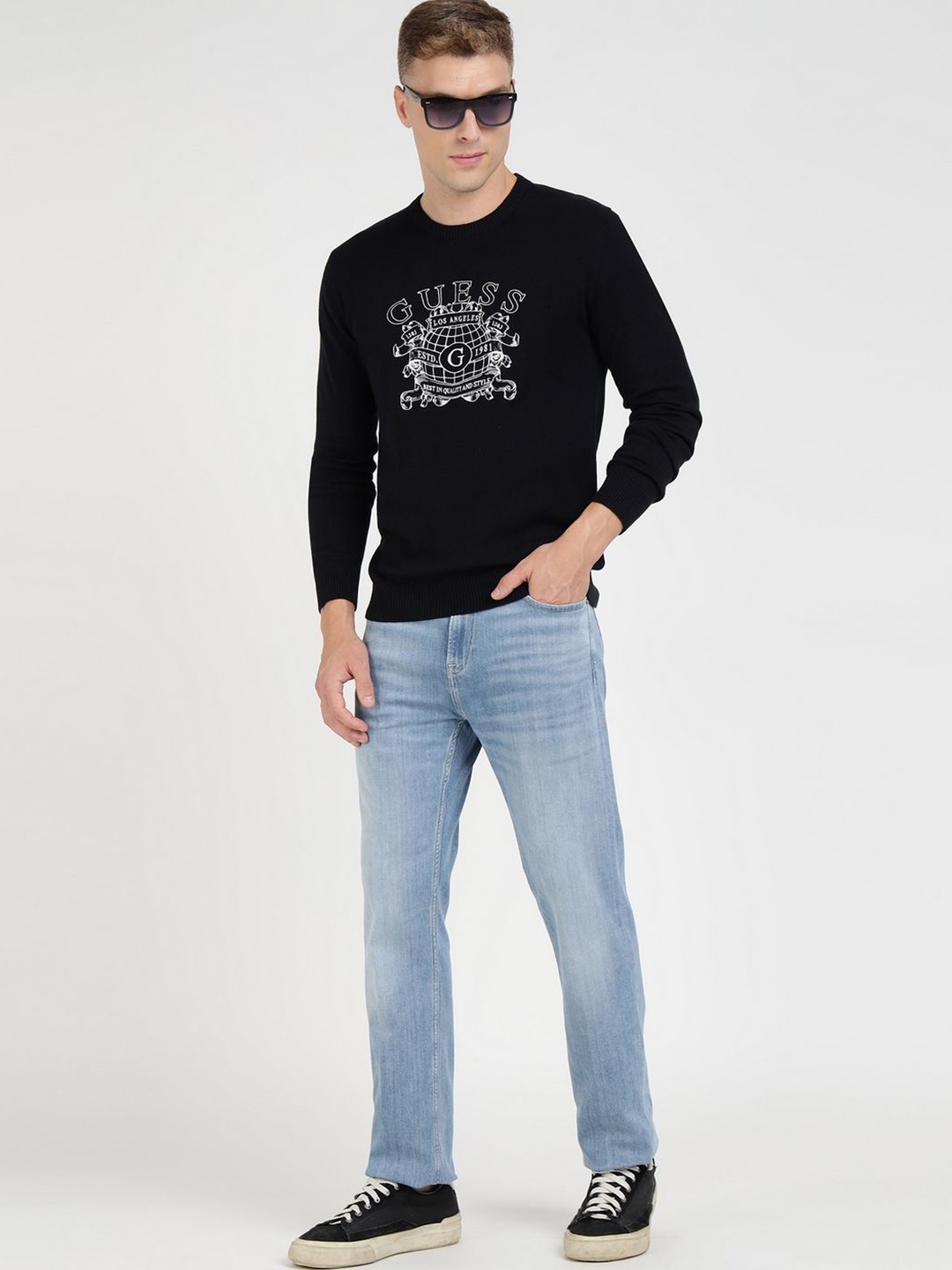

GUESS Men Typography Printed Pullover Sweaters, Black