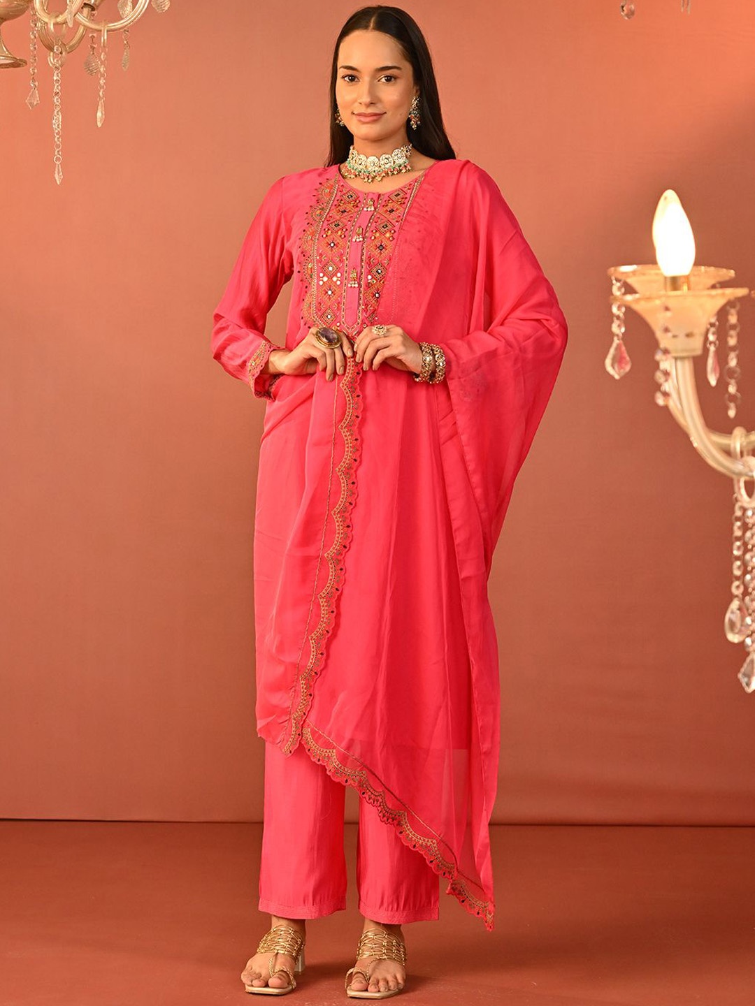 

Lakshita Embroidered Mirror Work Chanderi Cotton Straight Kurta with Trouser, Pink