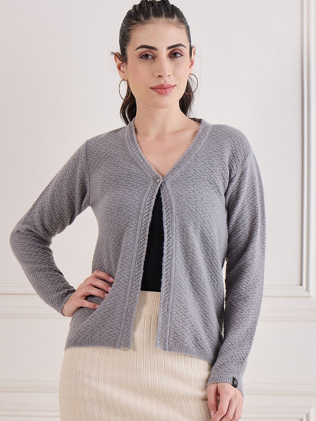 

CREATIVE LINE Women Woollen Long Sleeves Cardigan, Grey