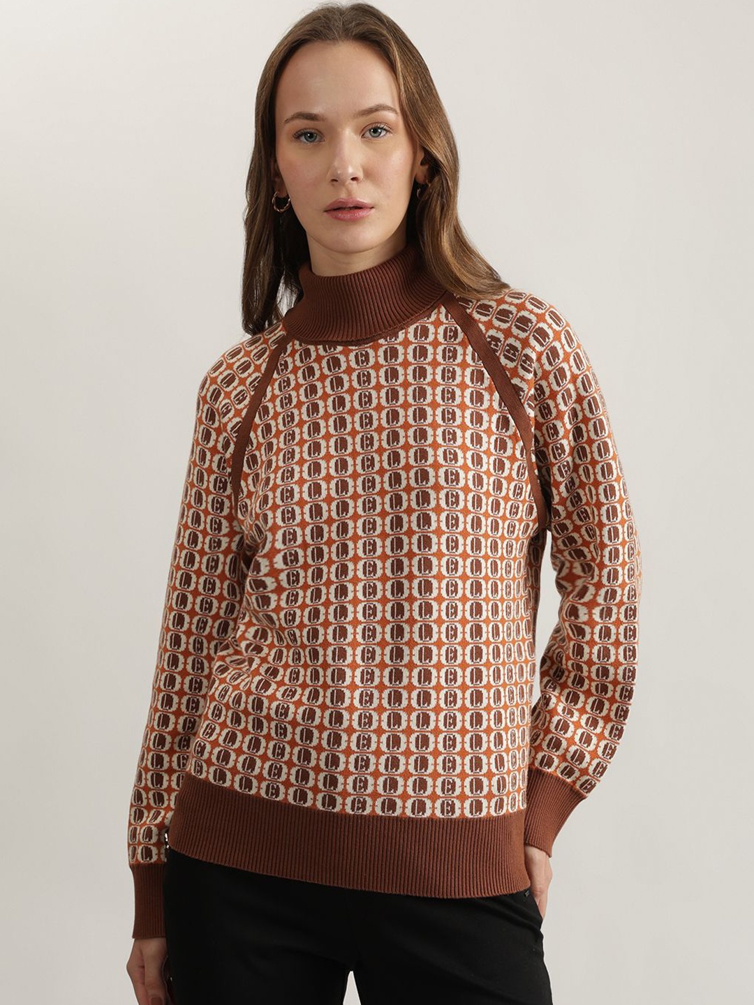 

ELLE Womens Alpha Printed Turtle neck Cotton Pullover, Brown