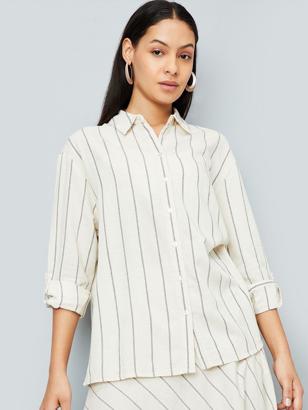 

max Women Spread Collar Vertical Striped Cotton Casual Shirt, Beige