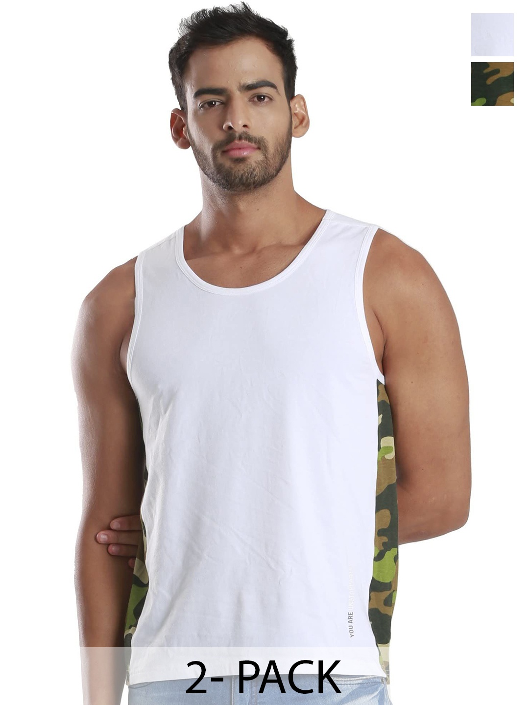 

FREECULTR Men Pack Of 2 Camouflage Printed Innerwear Vests, White