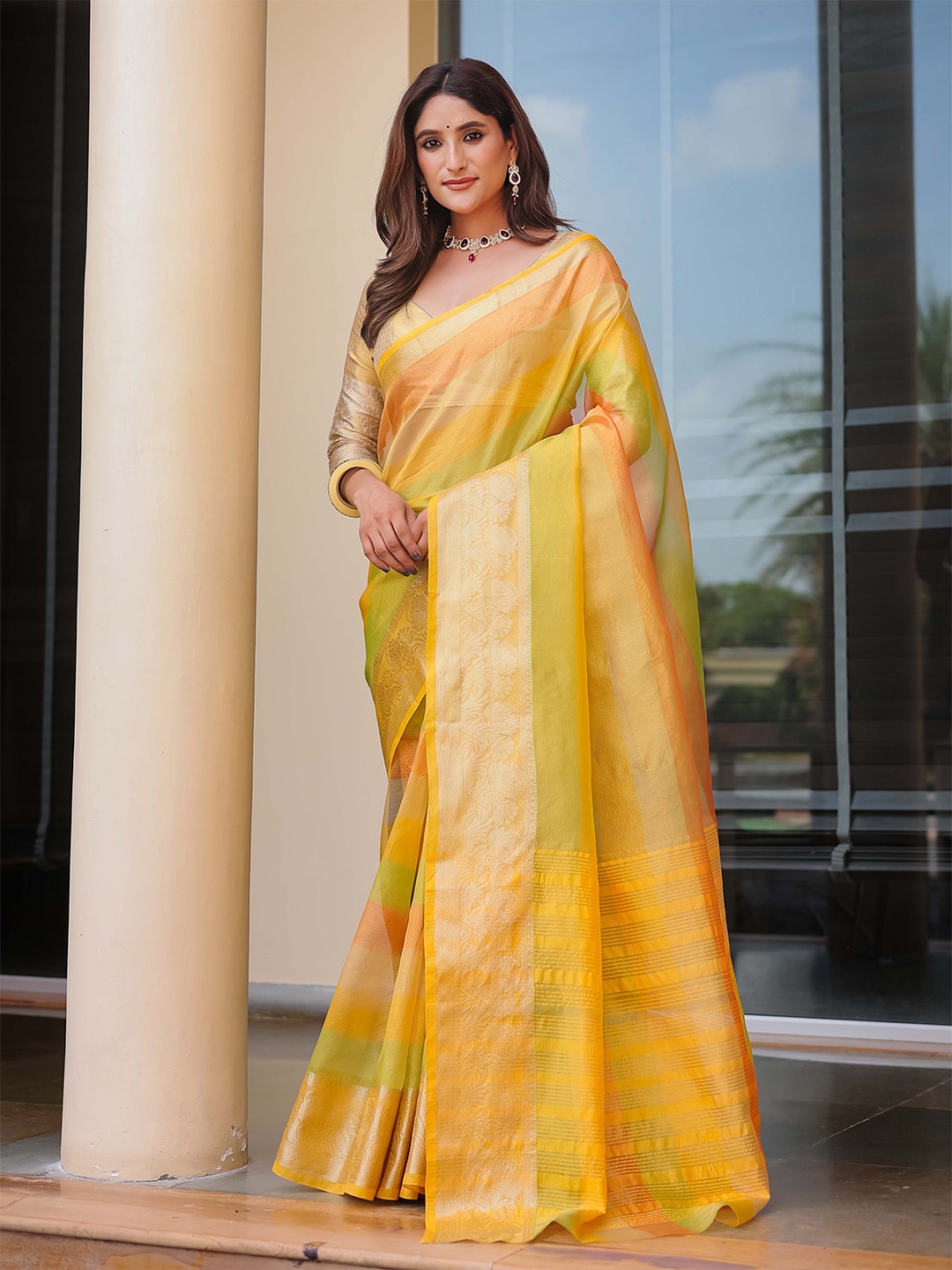 

Mitera Ethnic Motifs Zari Banarasi Saree, Yellow
