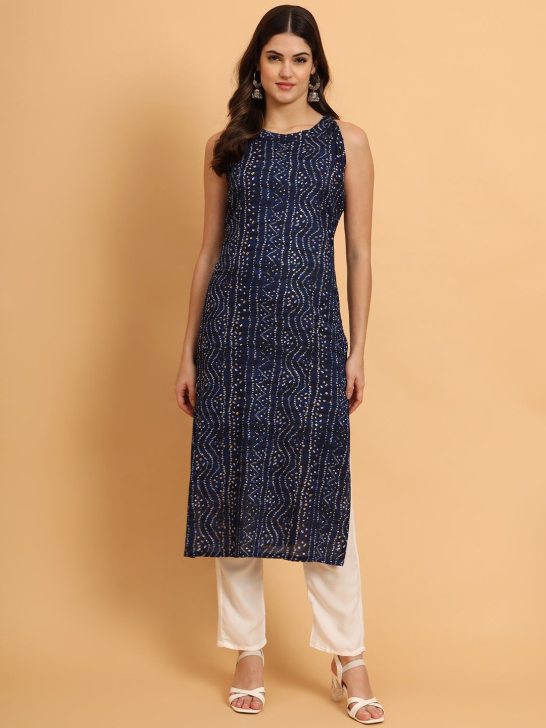 

KALINI Bandhani Printed Halter Neck Straight Kurta, Blue