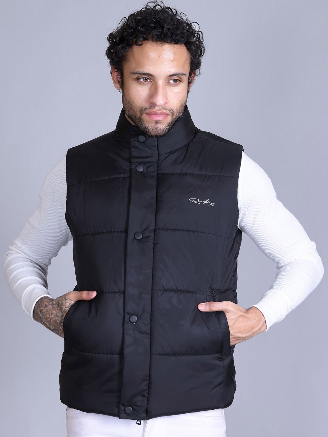 

Roadking Men Mock Collar Solid Casual Padded Jacket, Black