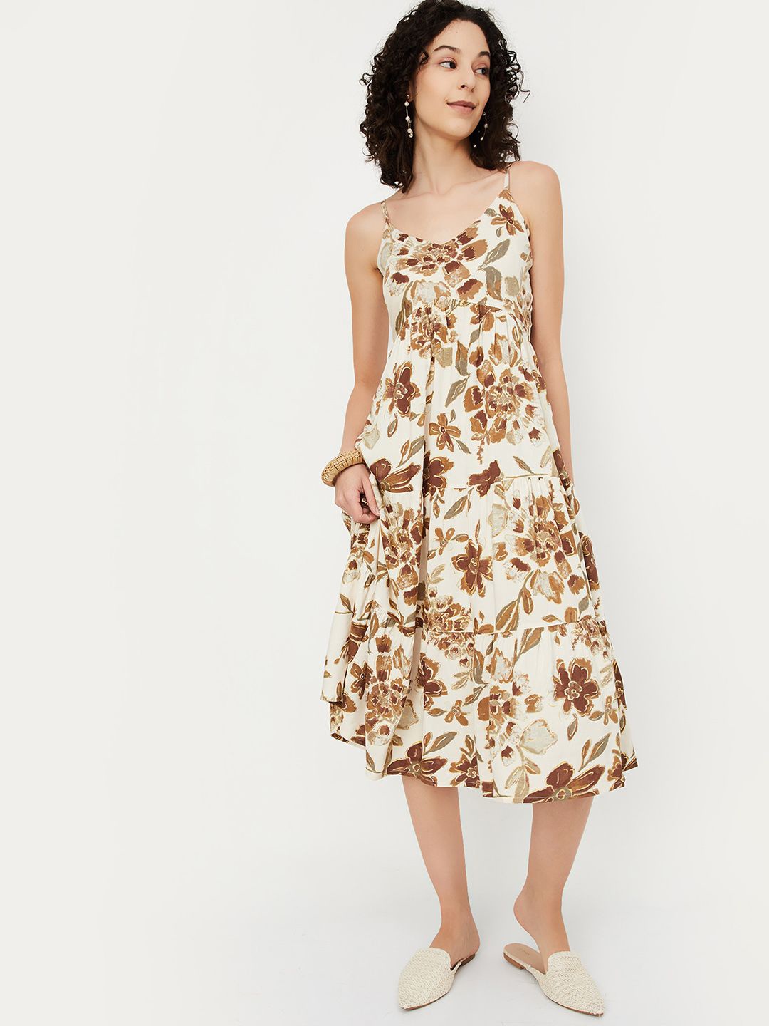 

max Women Floral Printed A-Line Midi Dress, Beige