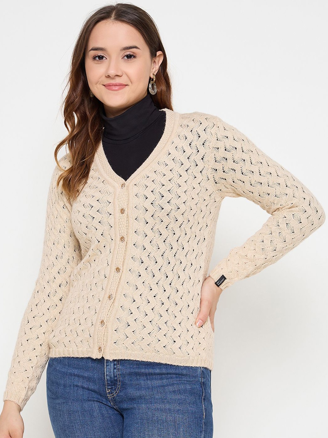 

CREATIVE LINE Women Woollen Self Desgin V-Neck Long Sleeves Cardigan, Beige