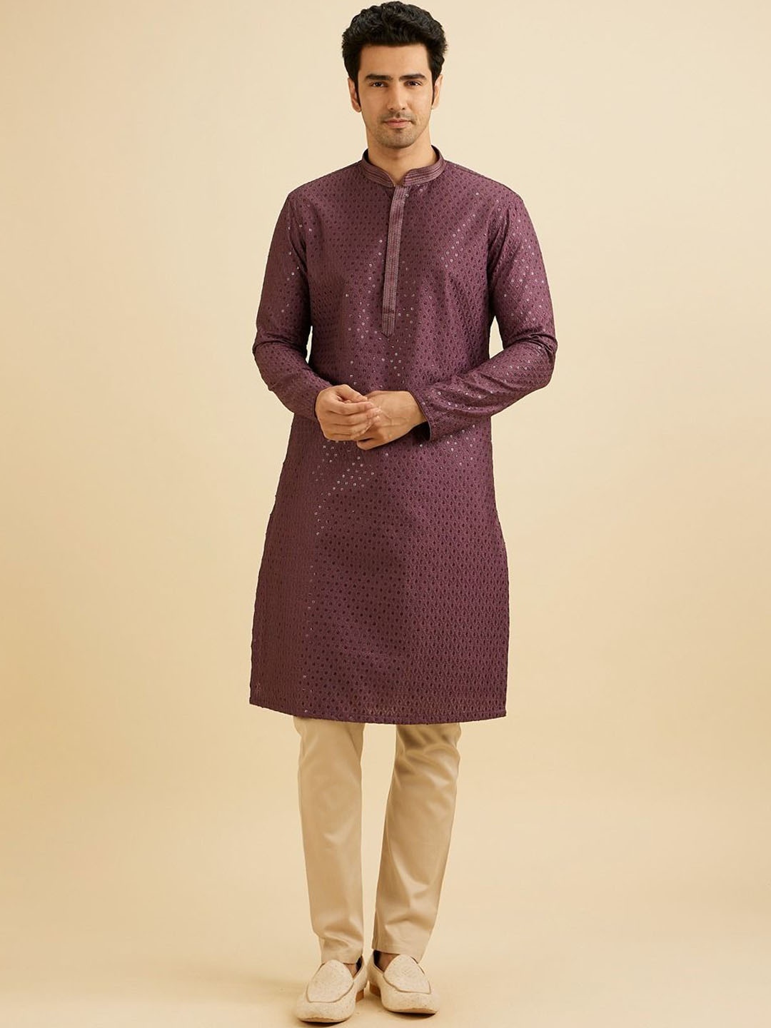 

Manyavar Embroidered Straight Sequinned Kurta with Pyjamas, Purple