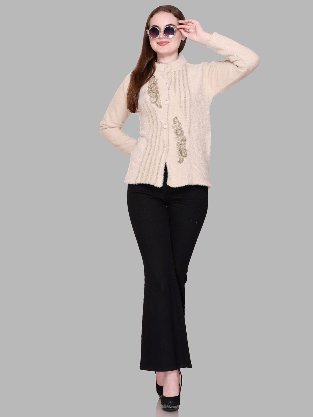 

Gouri Women Embroidered Woollen Cardigan, Beige
