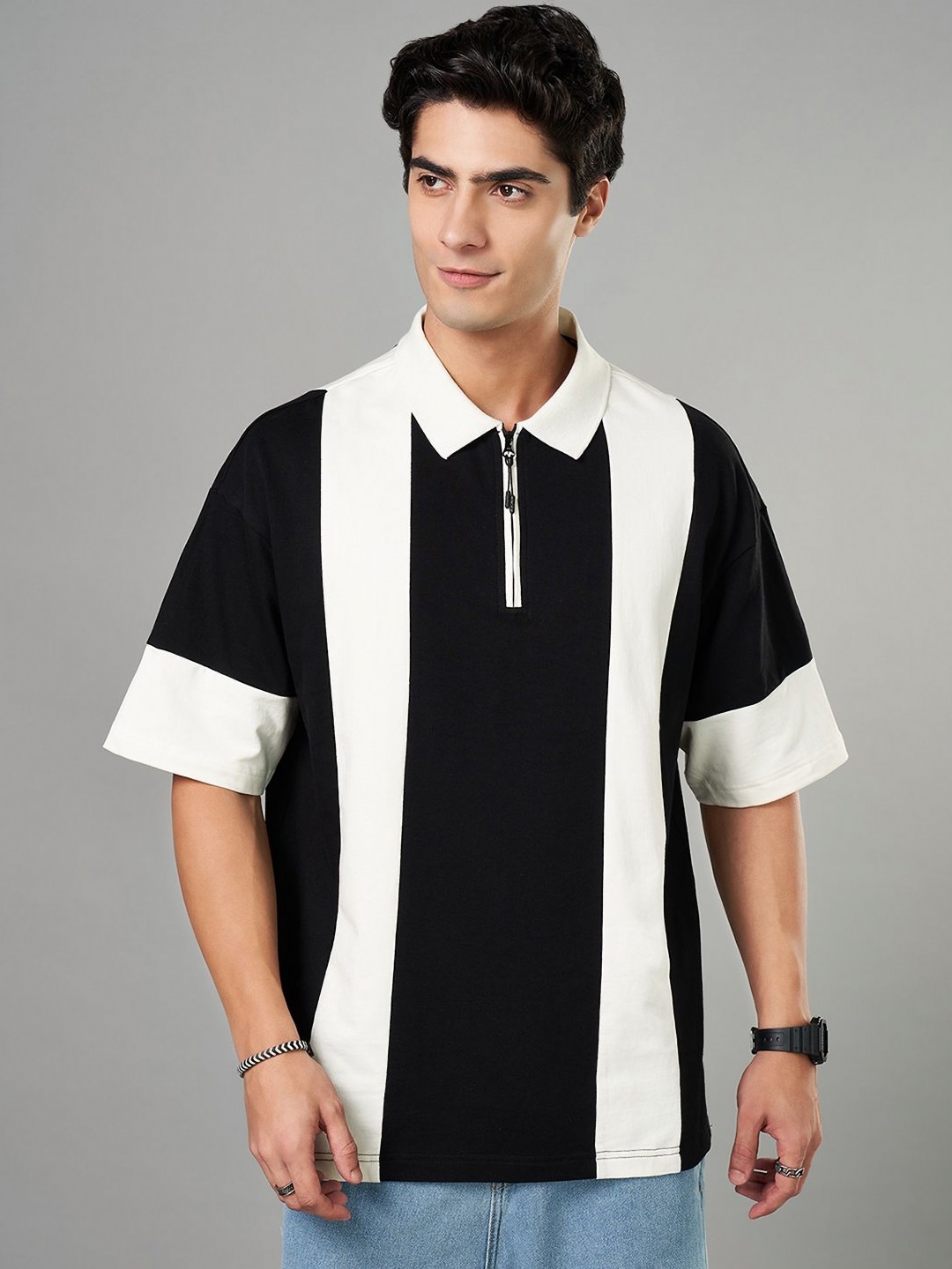 

People Men Striped Polo Collar Cotton Relaxed Fit T-shirt, Black