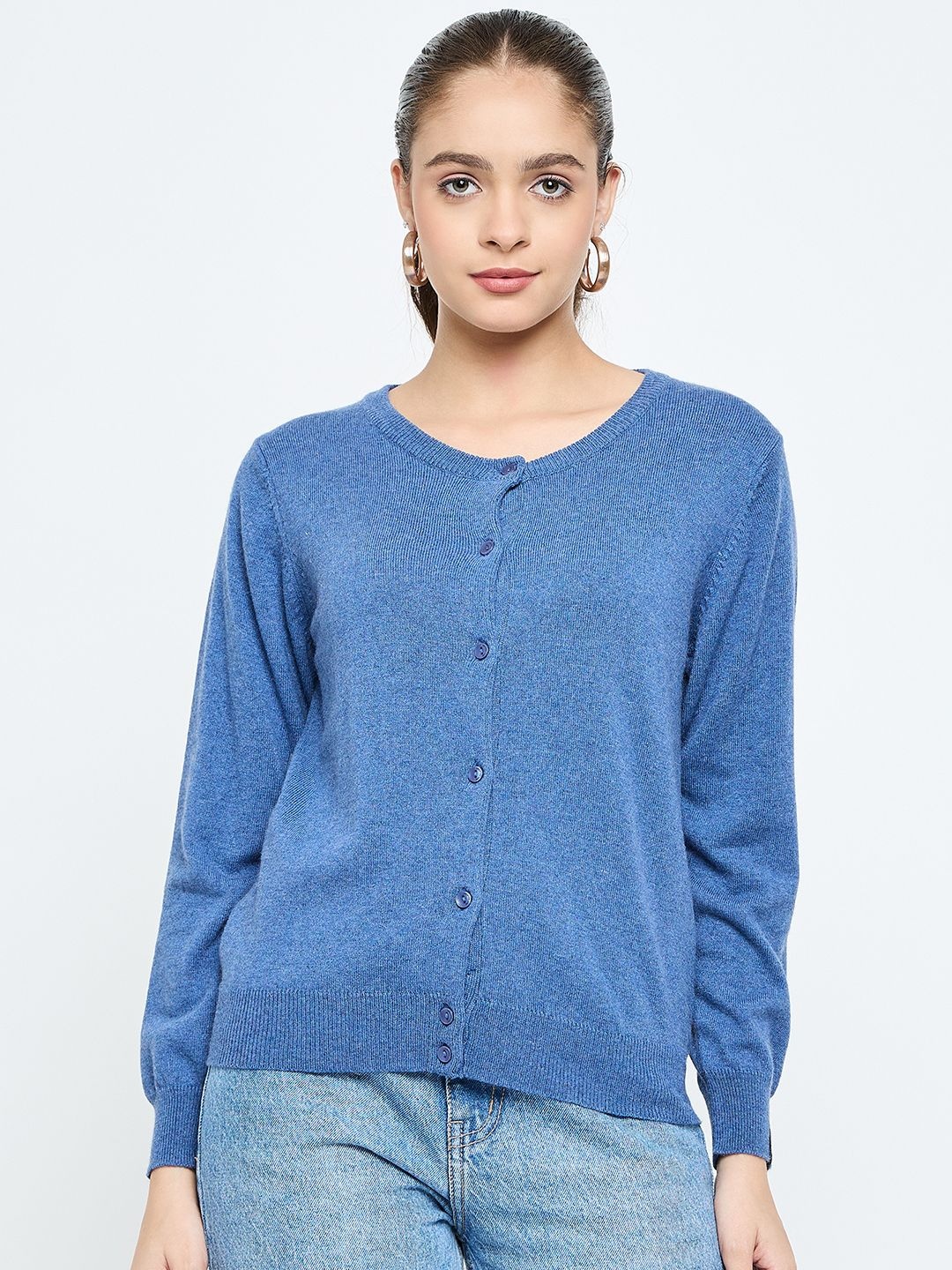 

CREATIVE LINE Women Round Neck Winter Woollen Cardigan, Blue