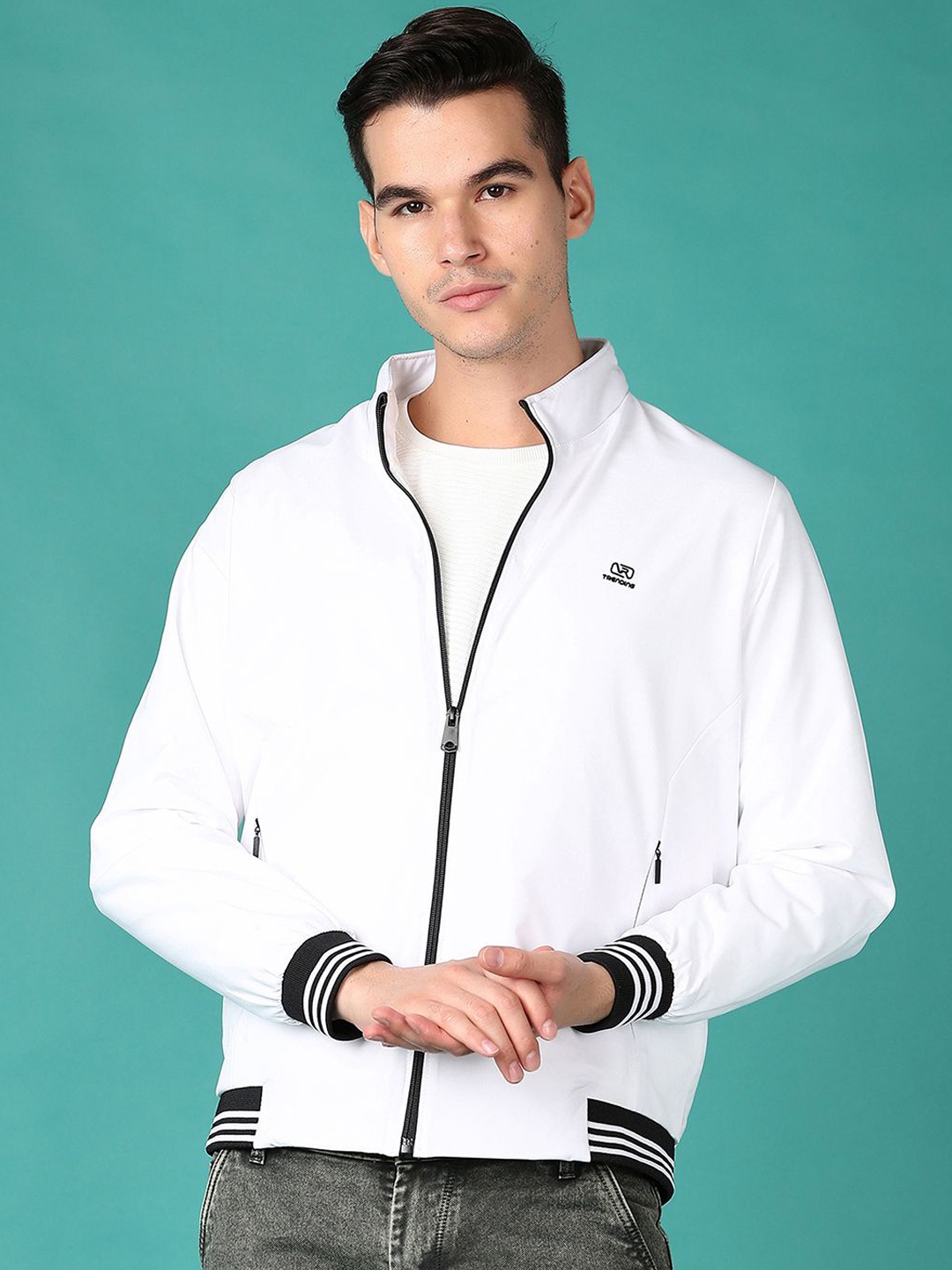 

V-Mart Men Mock Collar Solid Cotton Casual Bomber Jacket, White