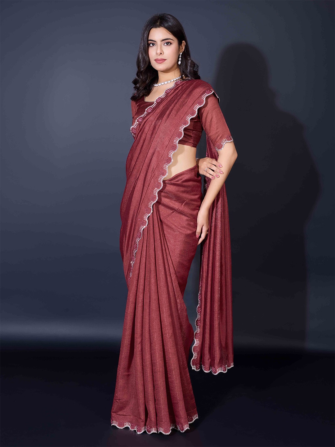 

Mitera Embellished Beads and Stones Saree, Maroon