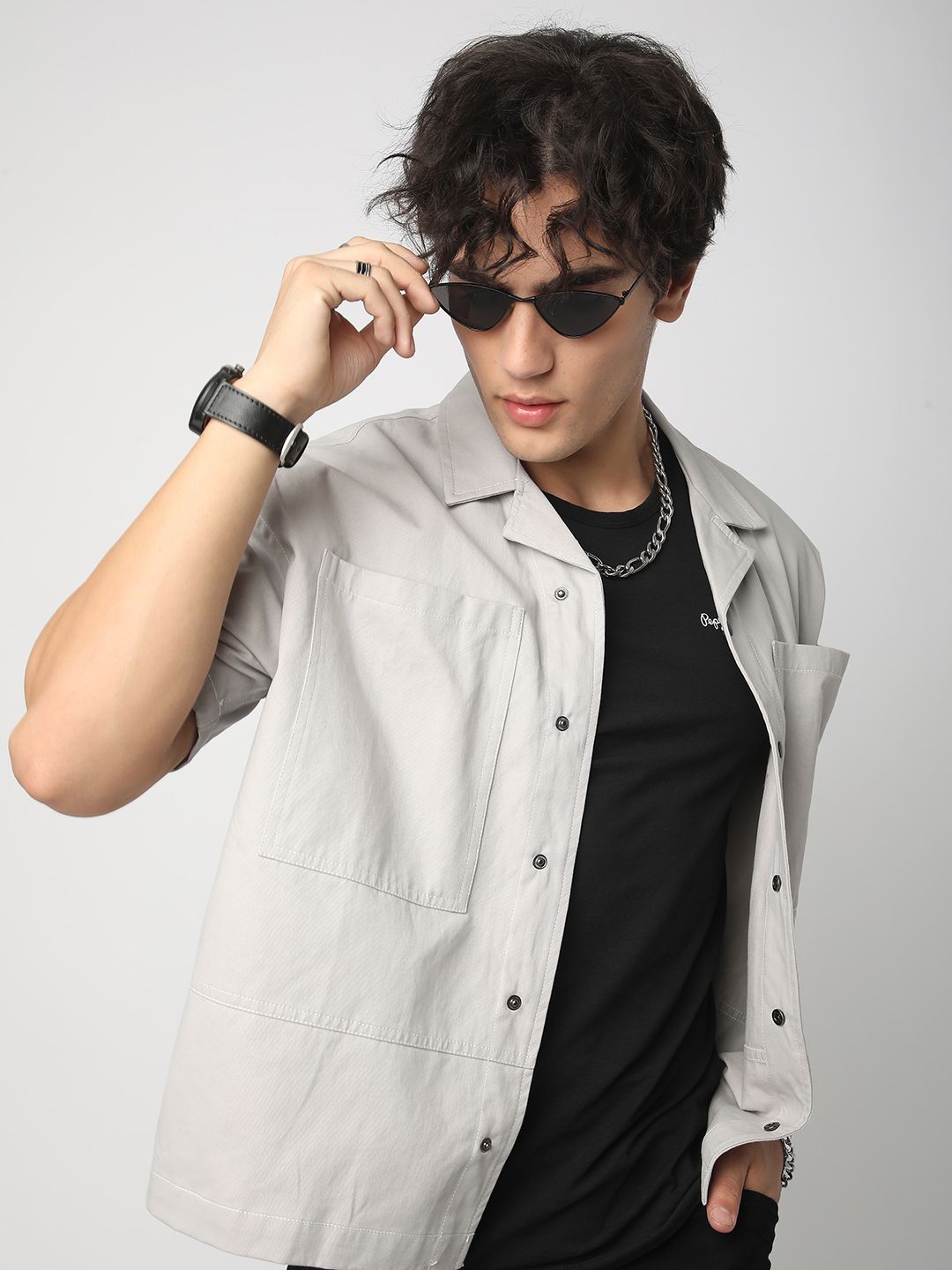 

VASTRADO Men Classic Cuban Collar Solid Cotton Oversized Casual Shirt, Grey