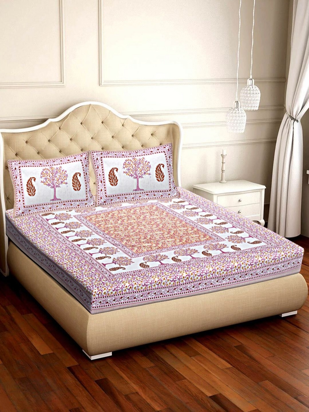 

VANI E Orange-Coloured & Pink Floral 180 TC Cotton King Bedsheet Set-2.54 m x 2.74 m