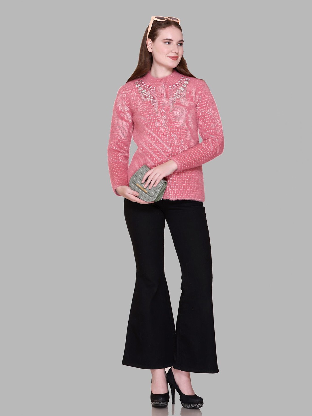 

Gouri Women Embroidered Woollen Cardigan Sweaters, Pink