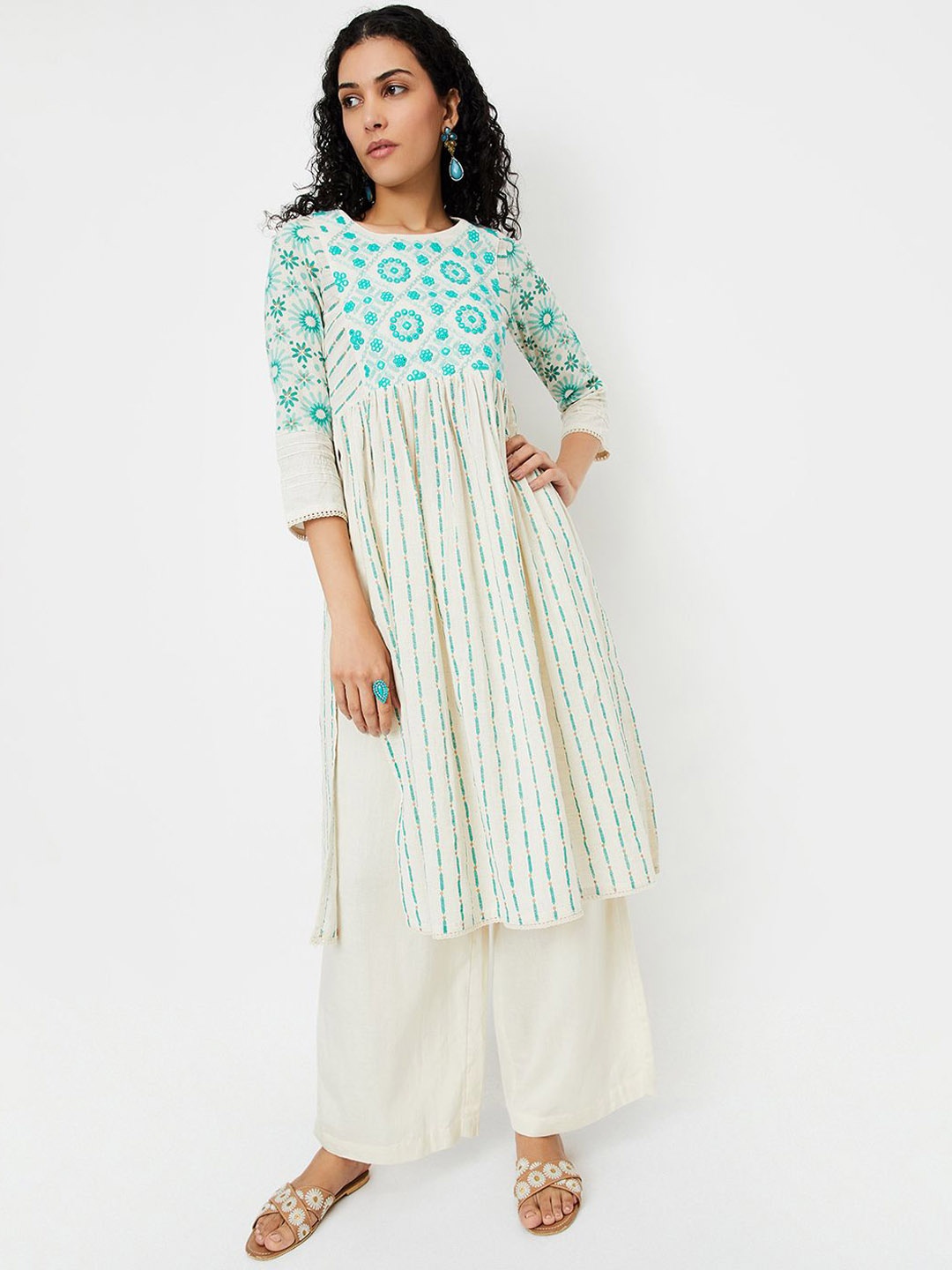 

max Floral Embroidered Round Neck Mirror Work A-Line Cotton Kurta, Blue