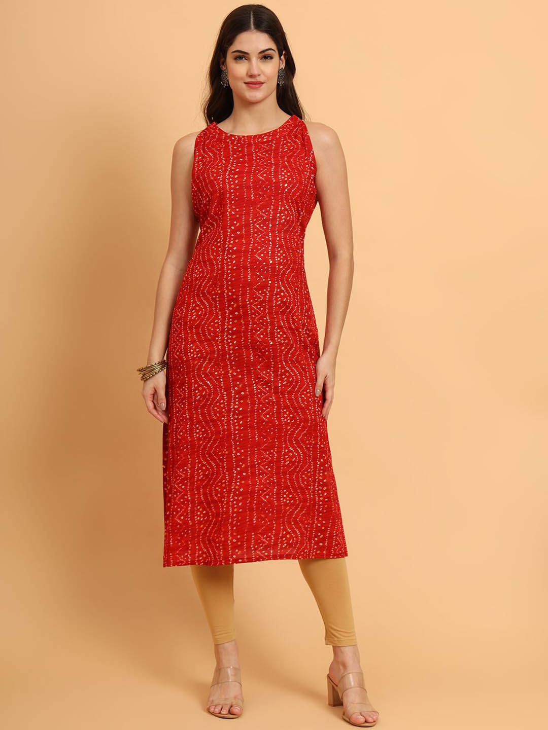 

AAYUMI Bandhani Printed Round Neck Thread Work A-Line Kurta, Red