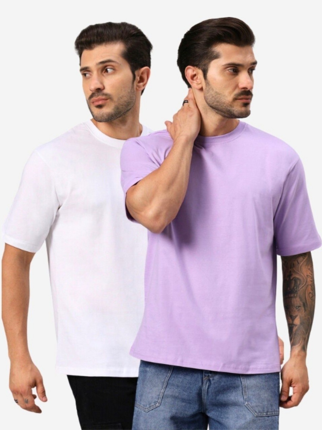 

URBANICE Men Pack Of 2 Solid Round Neck Cotton Oversized T-shirts, White