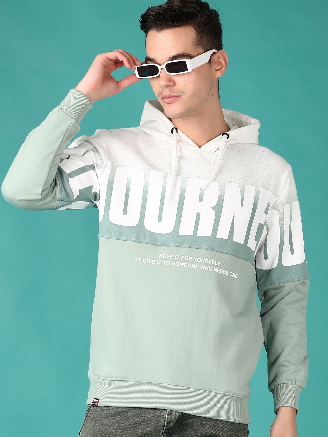 

V-Mart Men Colourblocked Printed Hooded Sweatshirt, Sea green