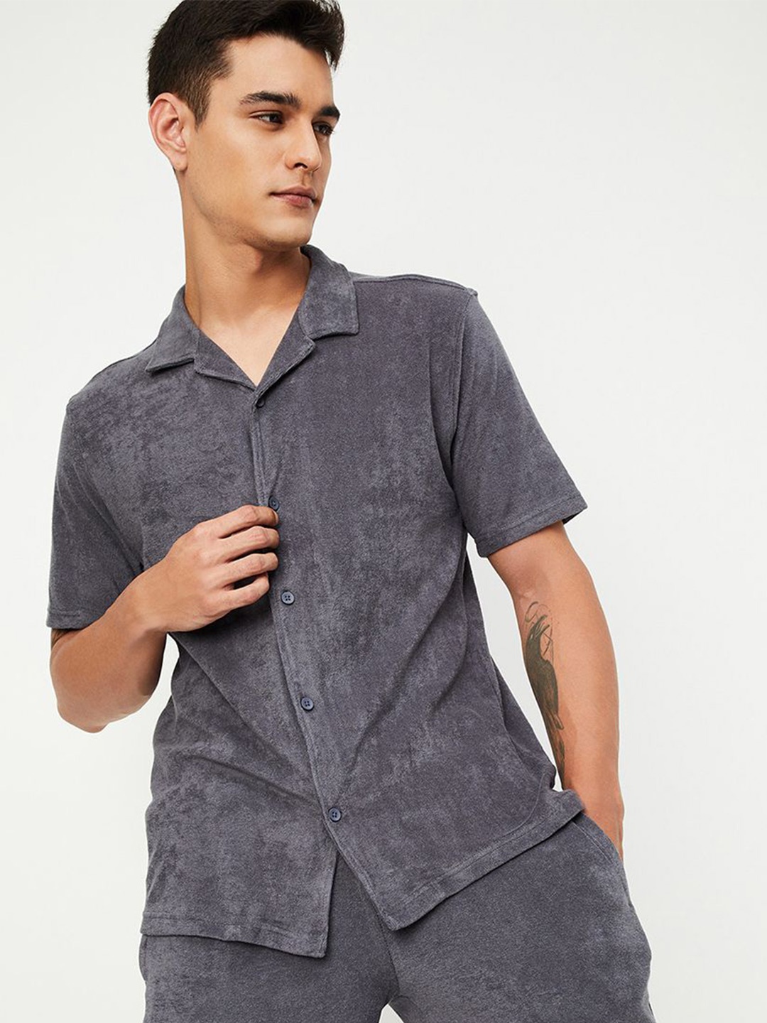 

max Men Cuban Collar Solid Cotton Casual Shirt, Grey