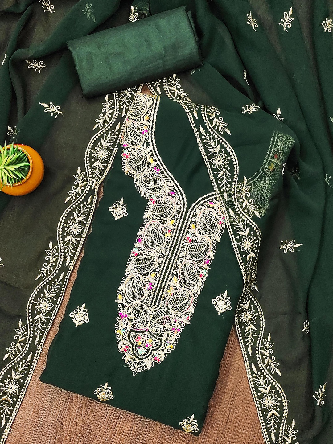 

KALINI Embroidered Silk Georgette Unstitched Dress Material, Green