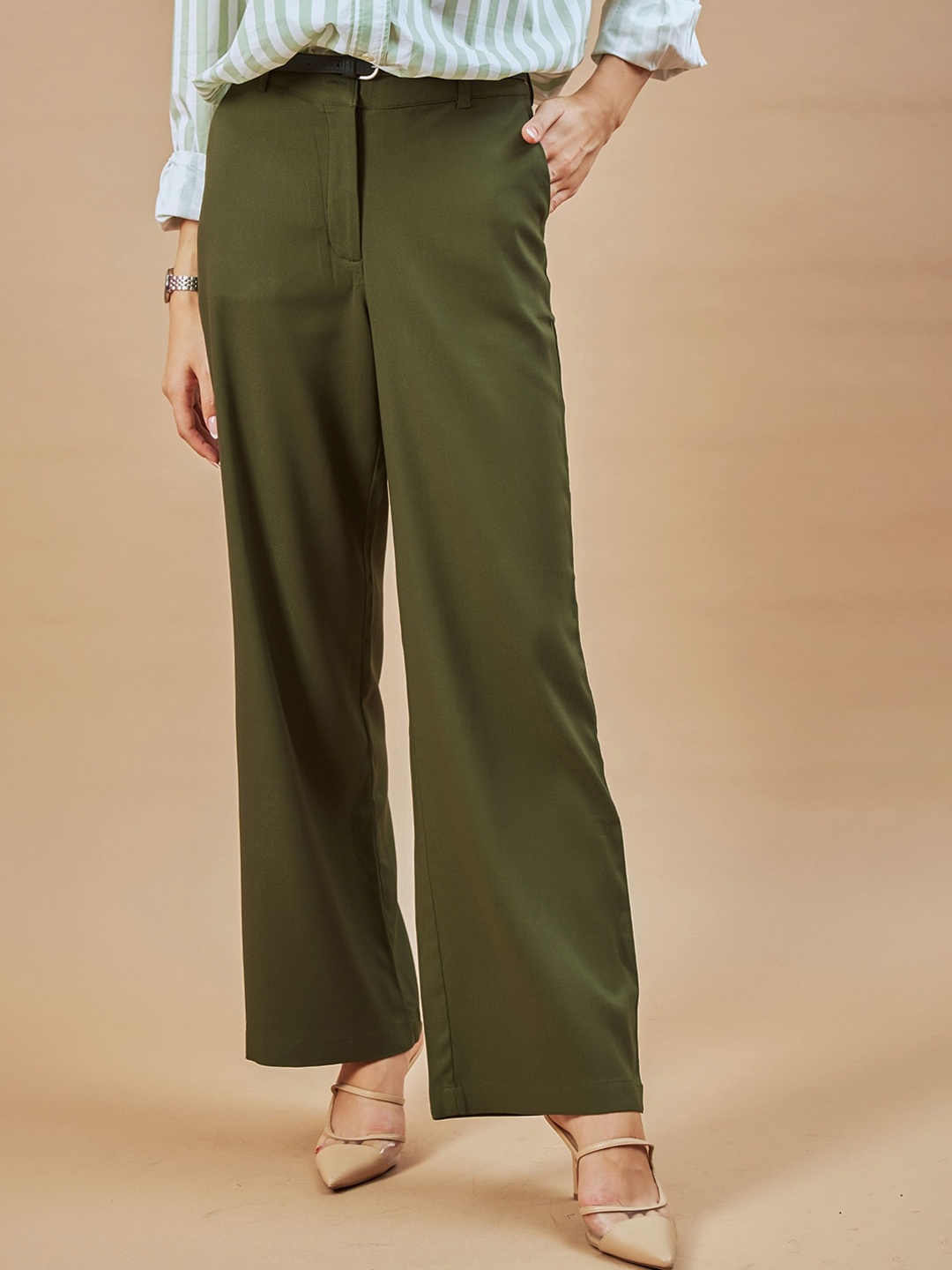 

Gazillion Women Relaxed Straight Leg Straight Fit High-Rise Trousers, Olive