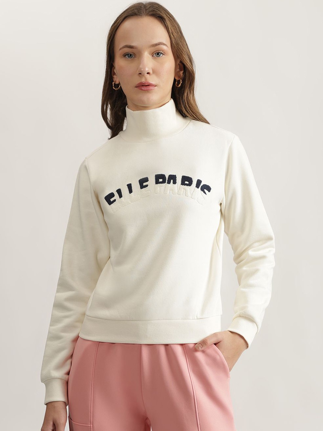 

ELLE Women Solid High Neck Full Sleeves Cotton Pullover Sweatshirt, Off white
