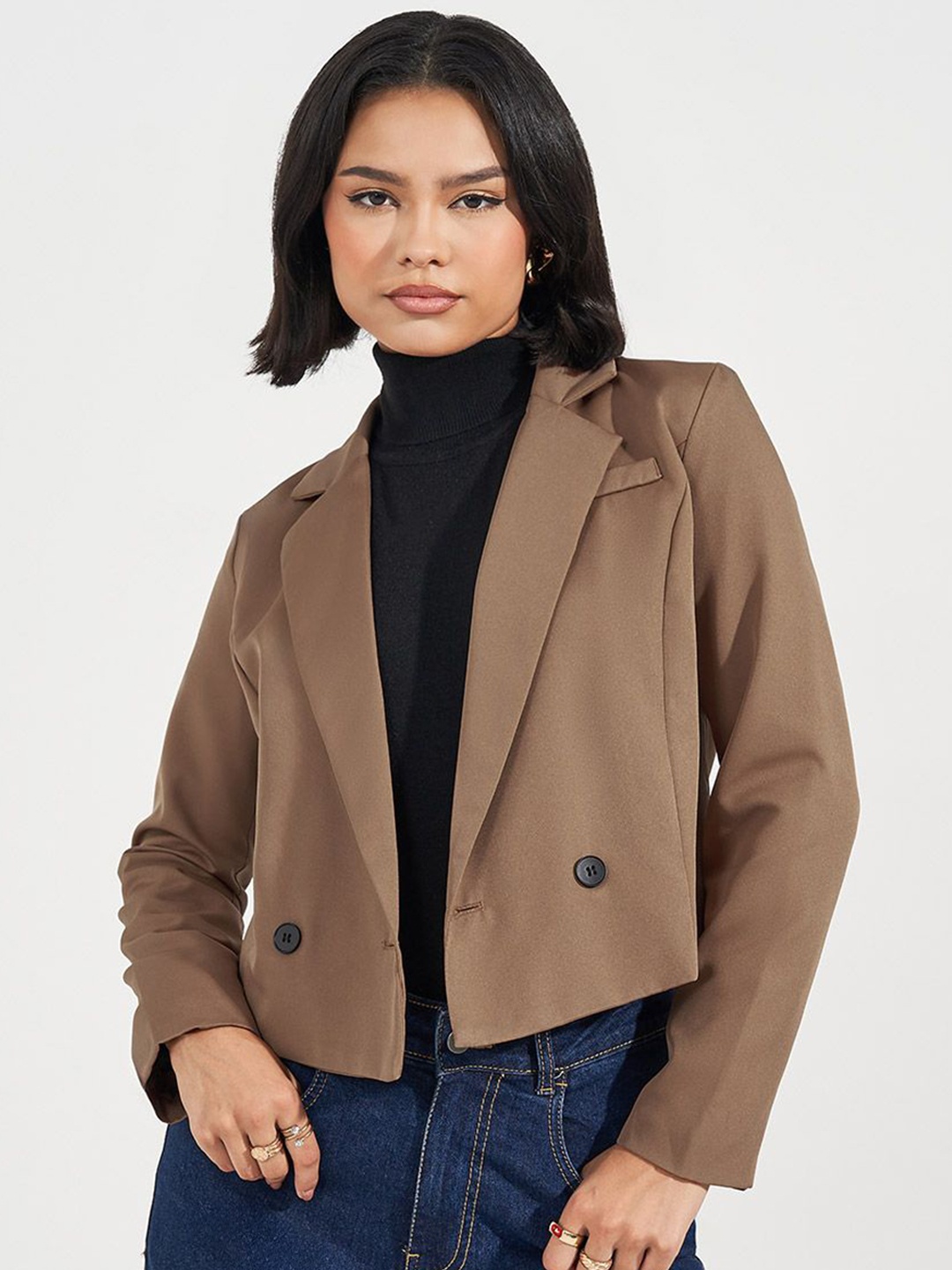 

Styli Women Regular Fit Crop Double Breasted Blazer, Brown