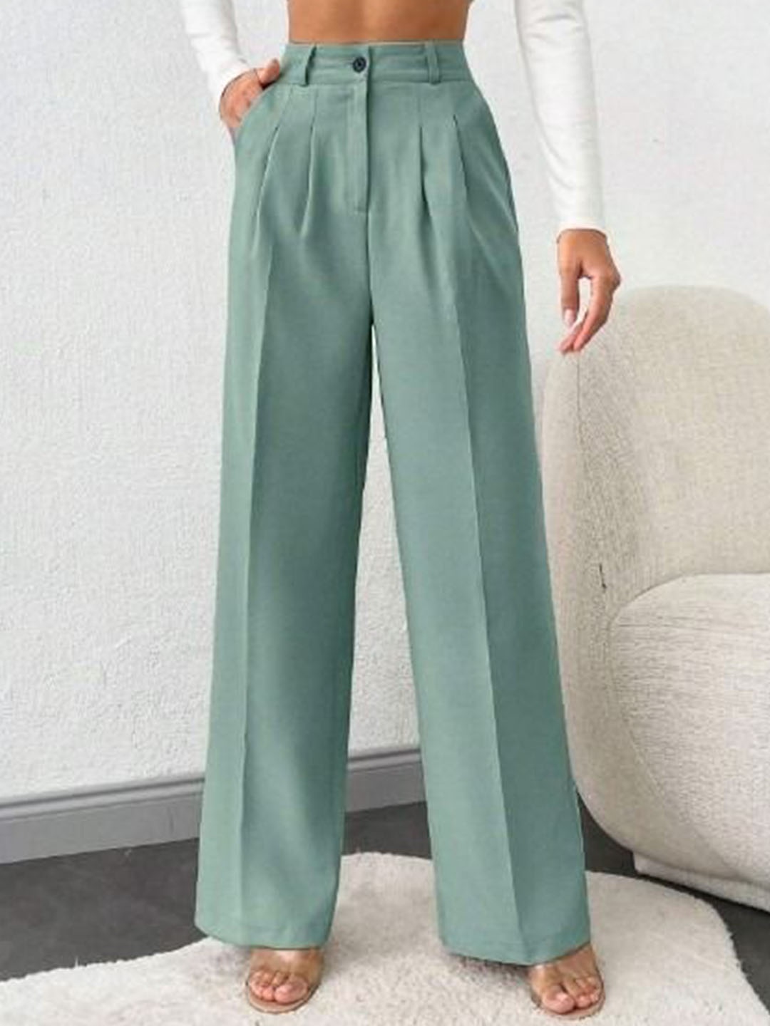 

Next One Women Smart High-Rise Pleated Formal Trousers, Green