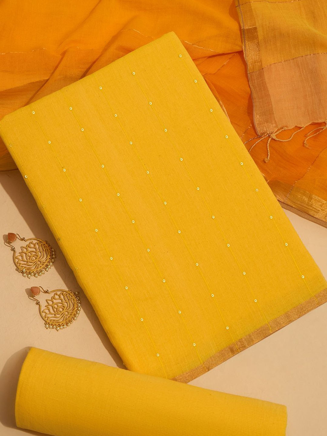 

Taneira Geometric Embroidered Sequinned Pure Cotton Unstitched Dress Material, Yellow