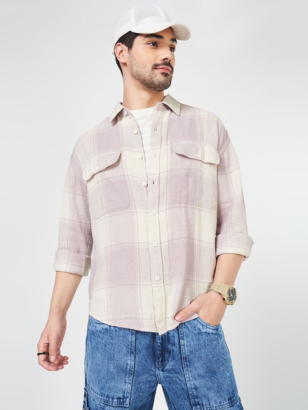 

People Men Spread Collar Checked Cotton Boxy Casual Shirt, Pink