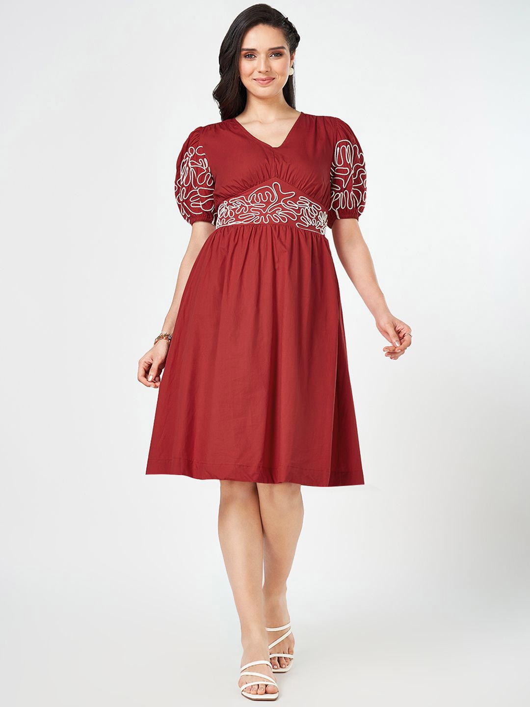 

Honey by Pantaloons Puff Sleeve Fit & Flare Cotton Dress, Red