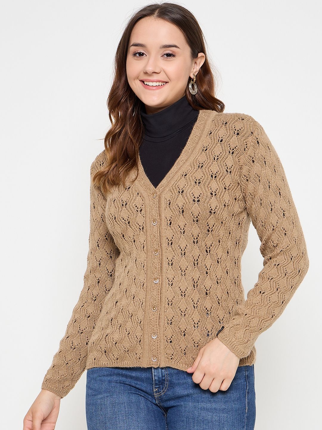 

CREATIVE LINE Women Self Design Woollen Cardigan, Beige