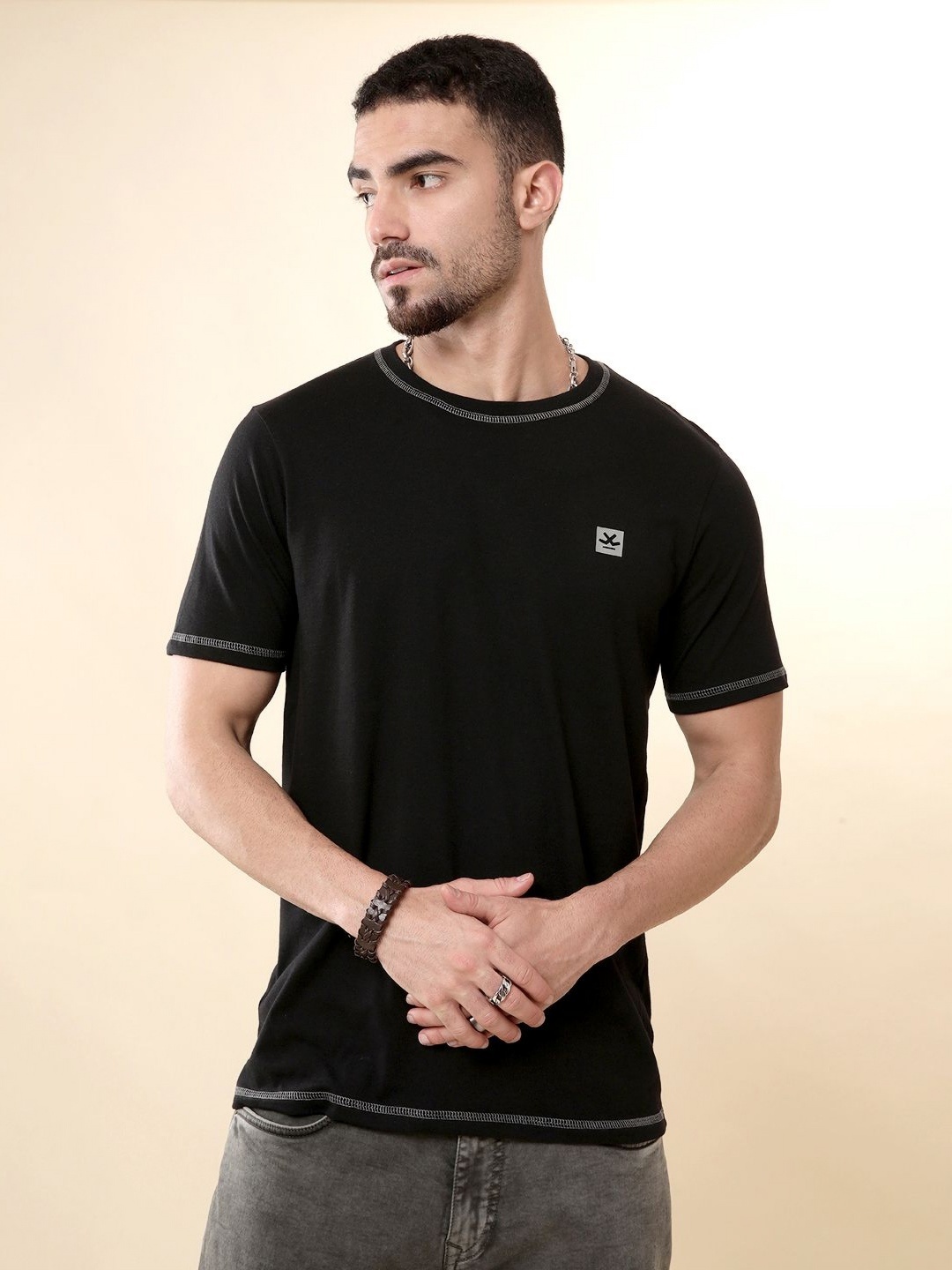 WROGN Men Solid Round Neck Cotton T-shirt, Black