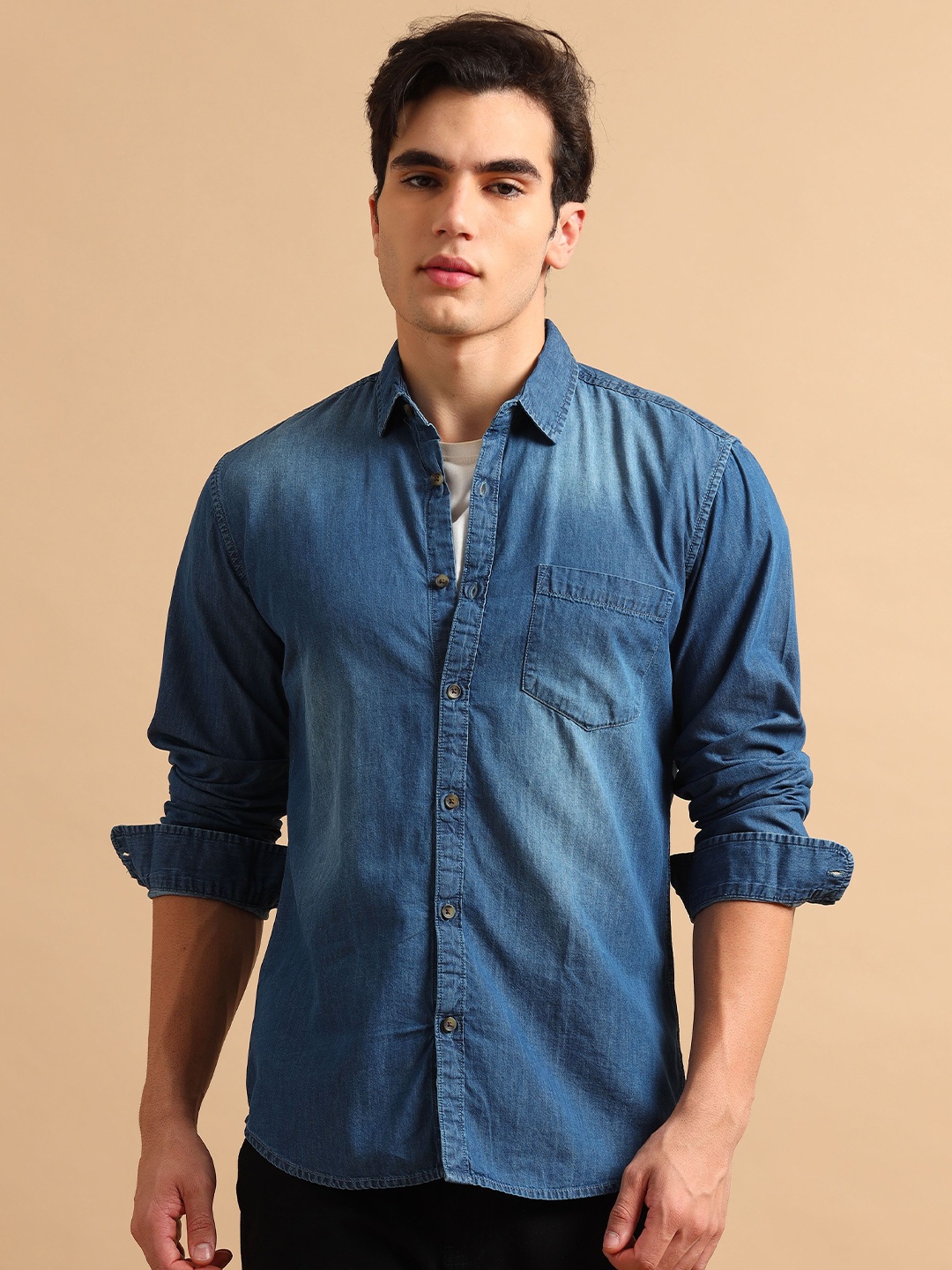 

SILISOUL Men Contemporary Spread Collar Solid Denim Casual Shirt, Blue