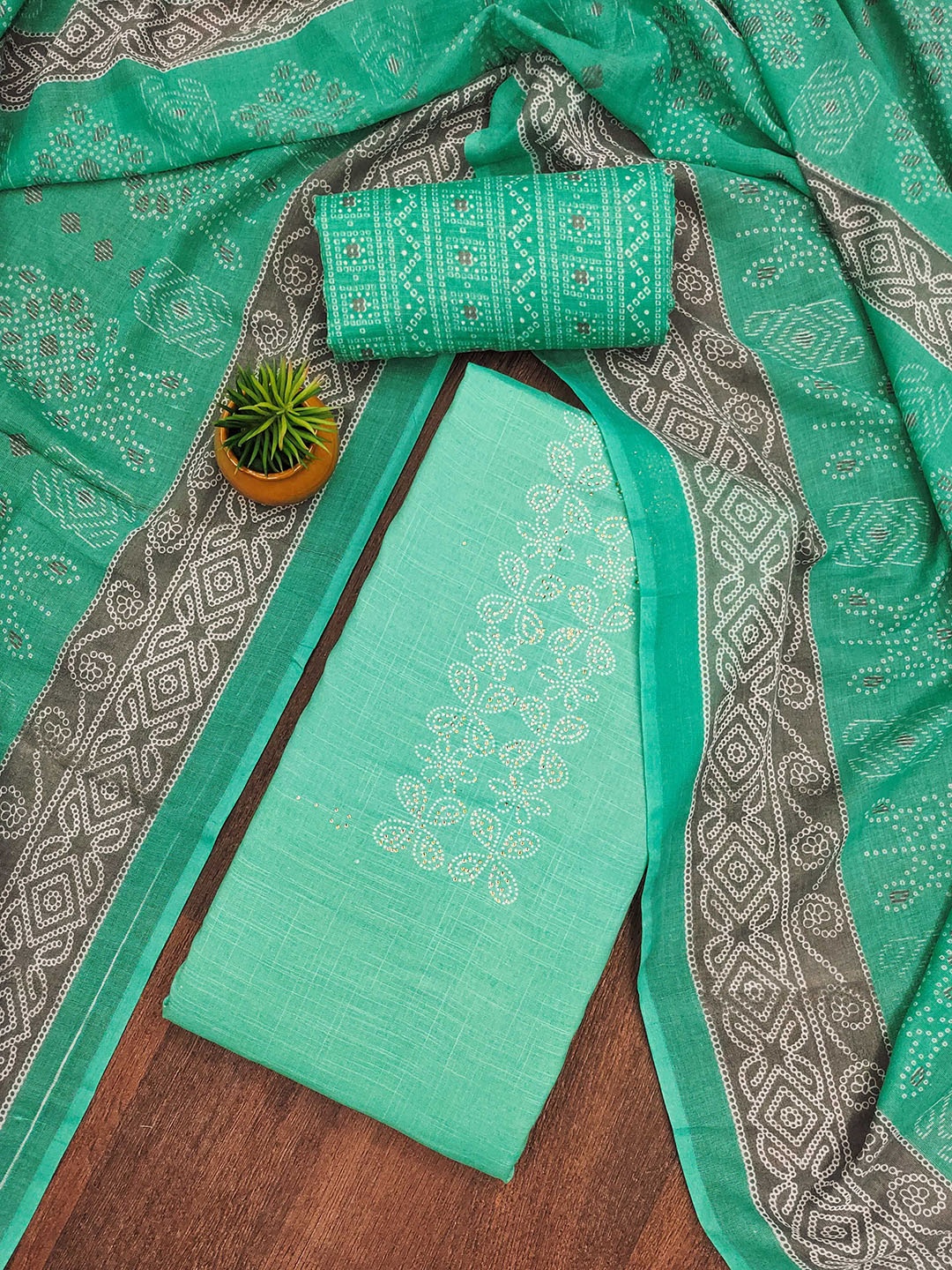 

KALINI Bandhani Printed Pure Cotton Unstitched Dress Material, Sea green