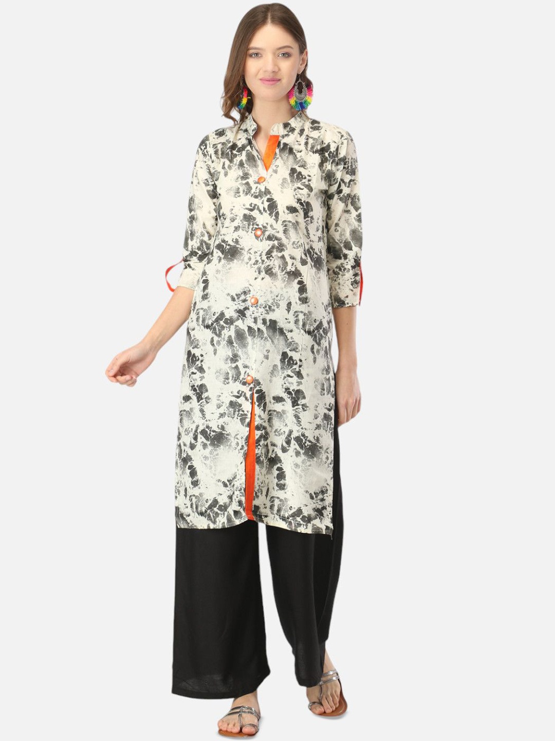 

Biyu Abstract Printed Mandarin Collar Regular Cotton Straight Kurta, Off white