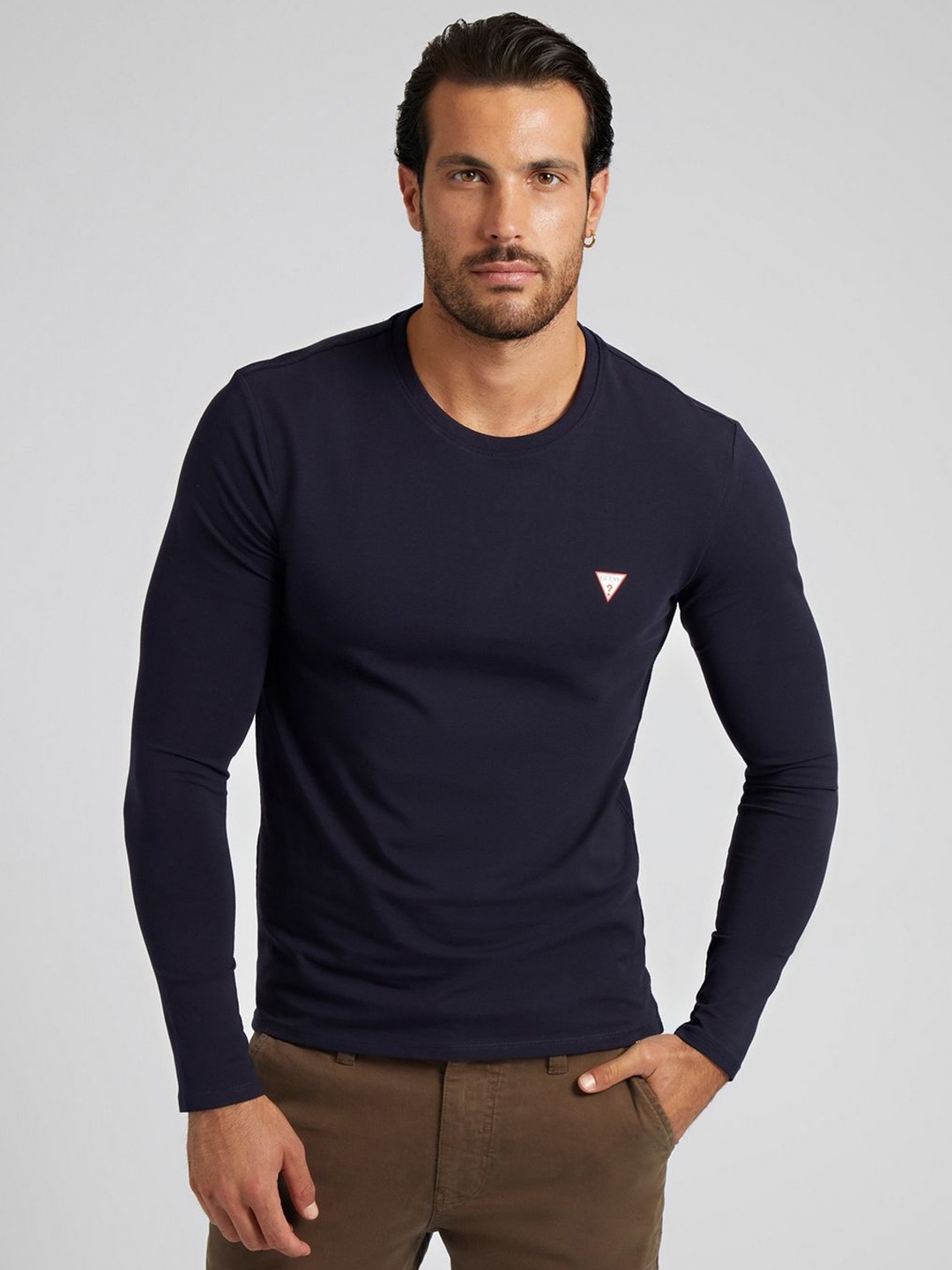 

GUESS Men Solid Round Neck Cotton T-shirt, Blue