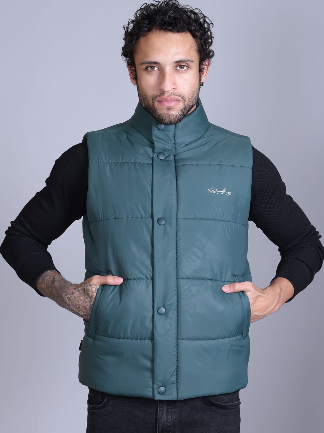 

Roadking Men Mock Collar Solid Casual Padded Jacket, Green