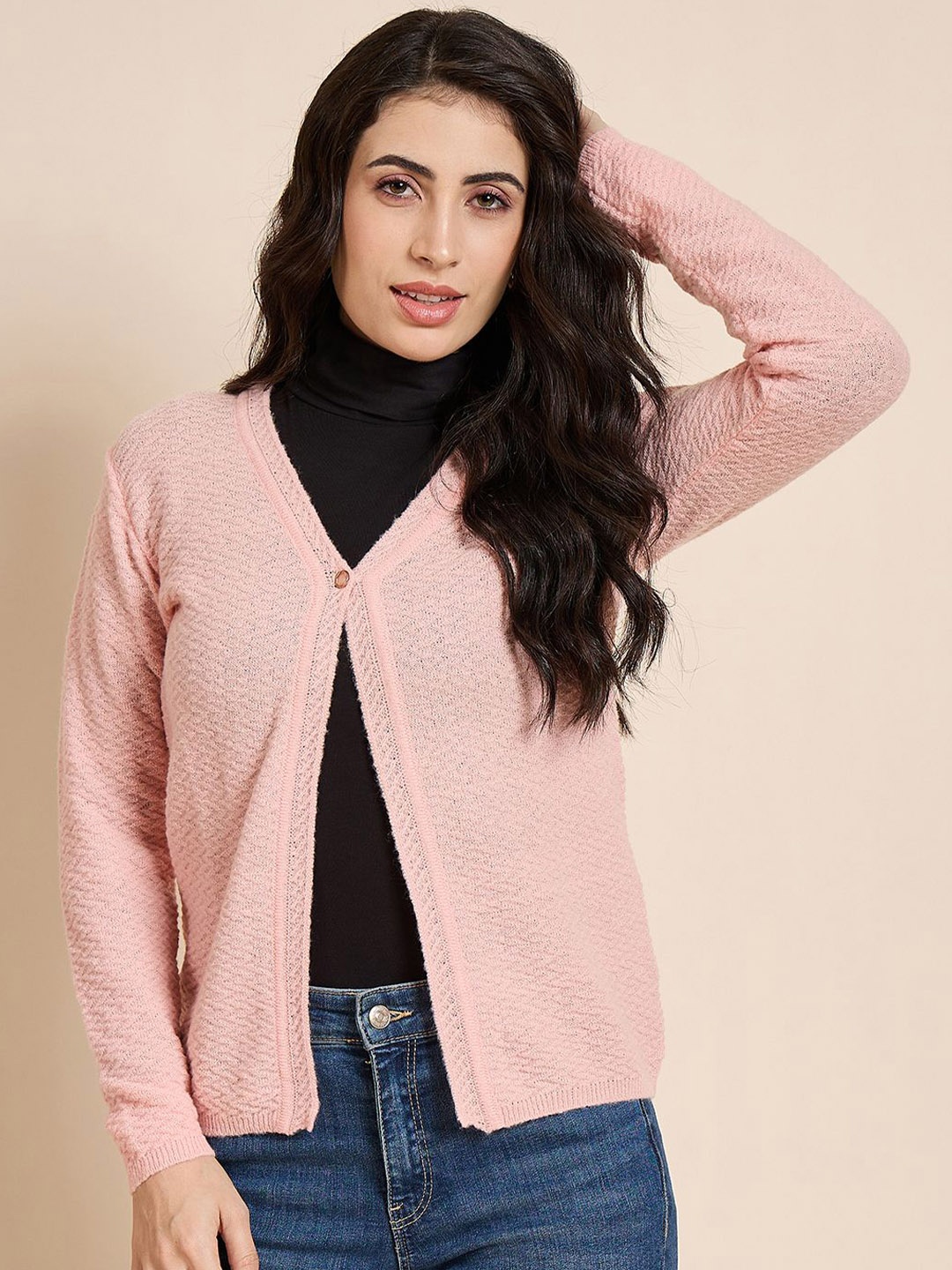 

CREATIVE LINE Women Woollen Self Desgin Knitted Long Sleeve Cardigan, Peach