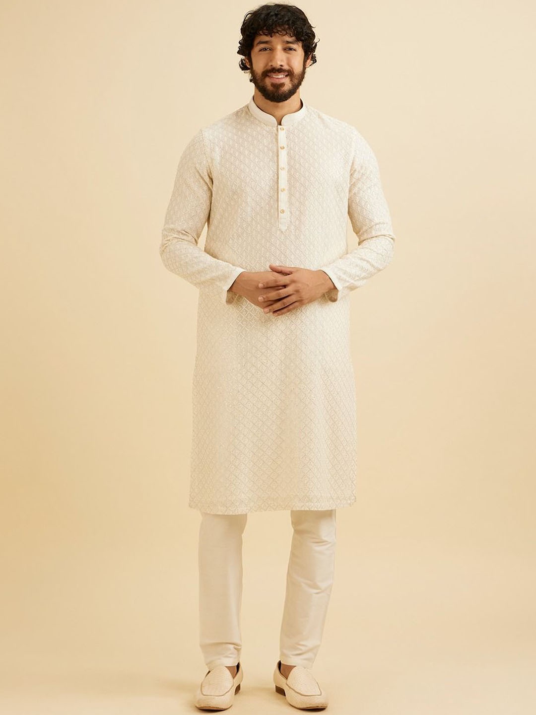 

Manyavar Floral Embroidered Straight Chikankari Kurta with Pyjamas, Cream