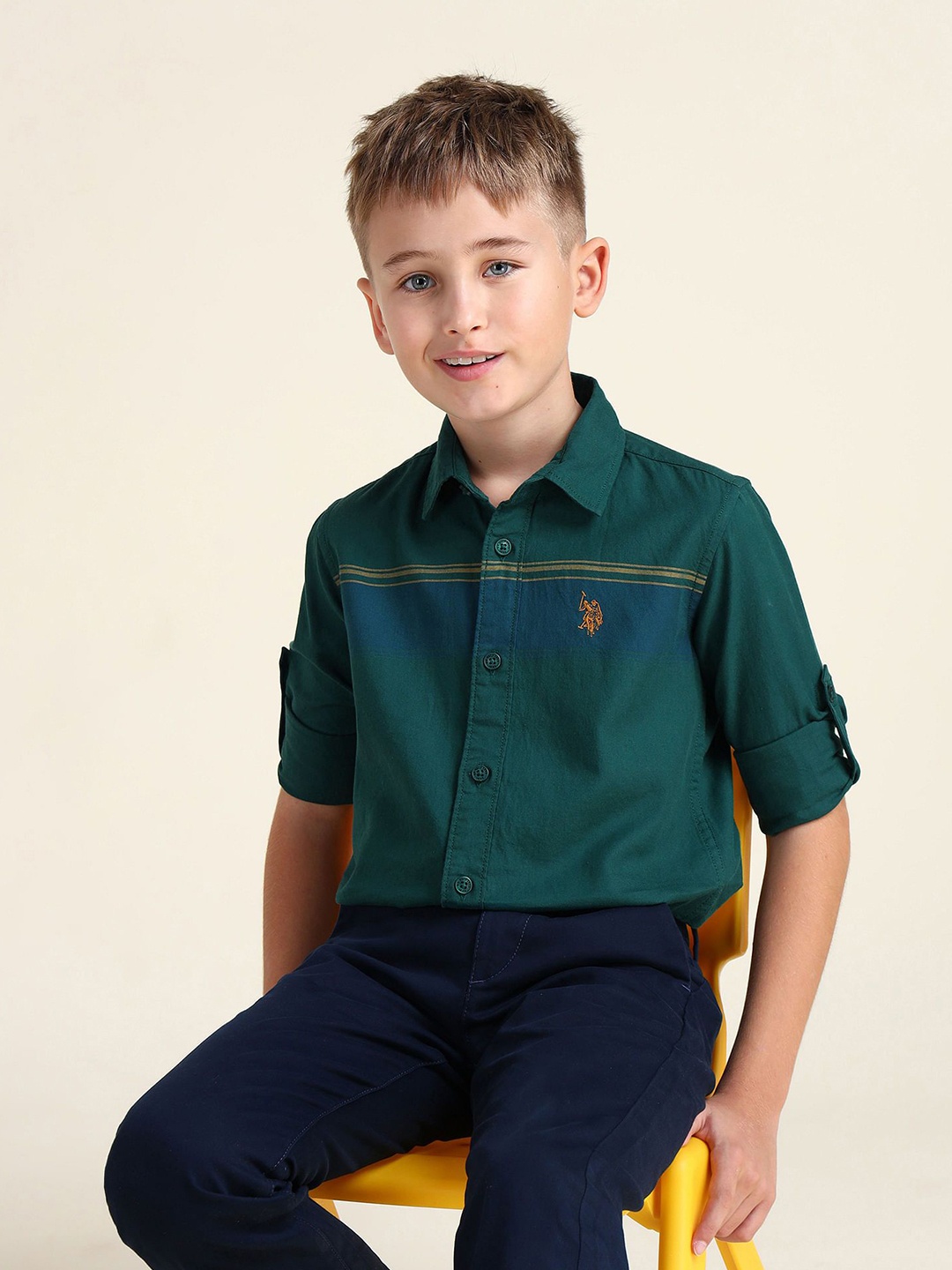 

U.S. Polo Assn. Kids Boys Spread Collar Colourblocked Cotton Casual Shirt, Green