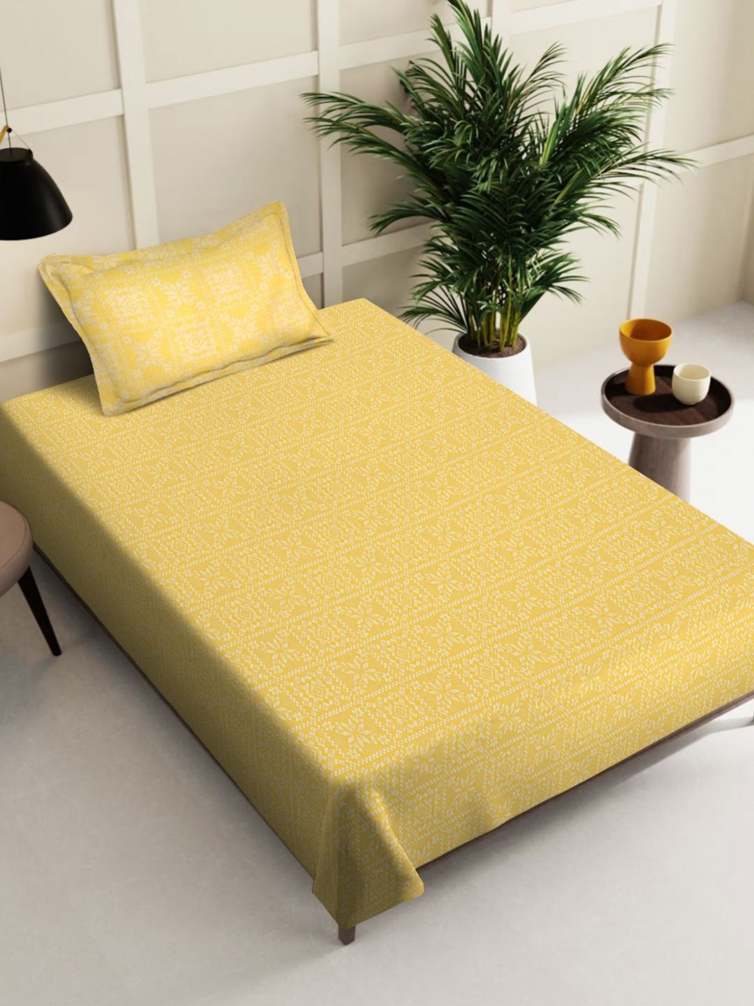 

KLOTTHE Yellow Woven Design Pure Cotton Single Bedcover with Pillow cover