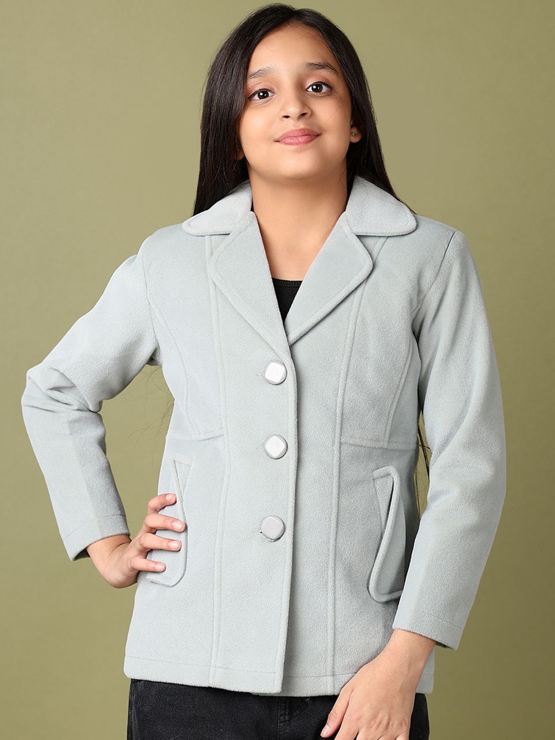 

V-Mart Girls Lapel Collar Solid Cotton Casual Tailored Jacket, Grey