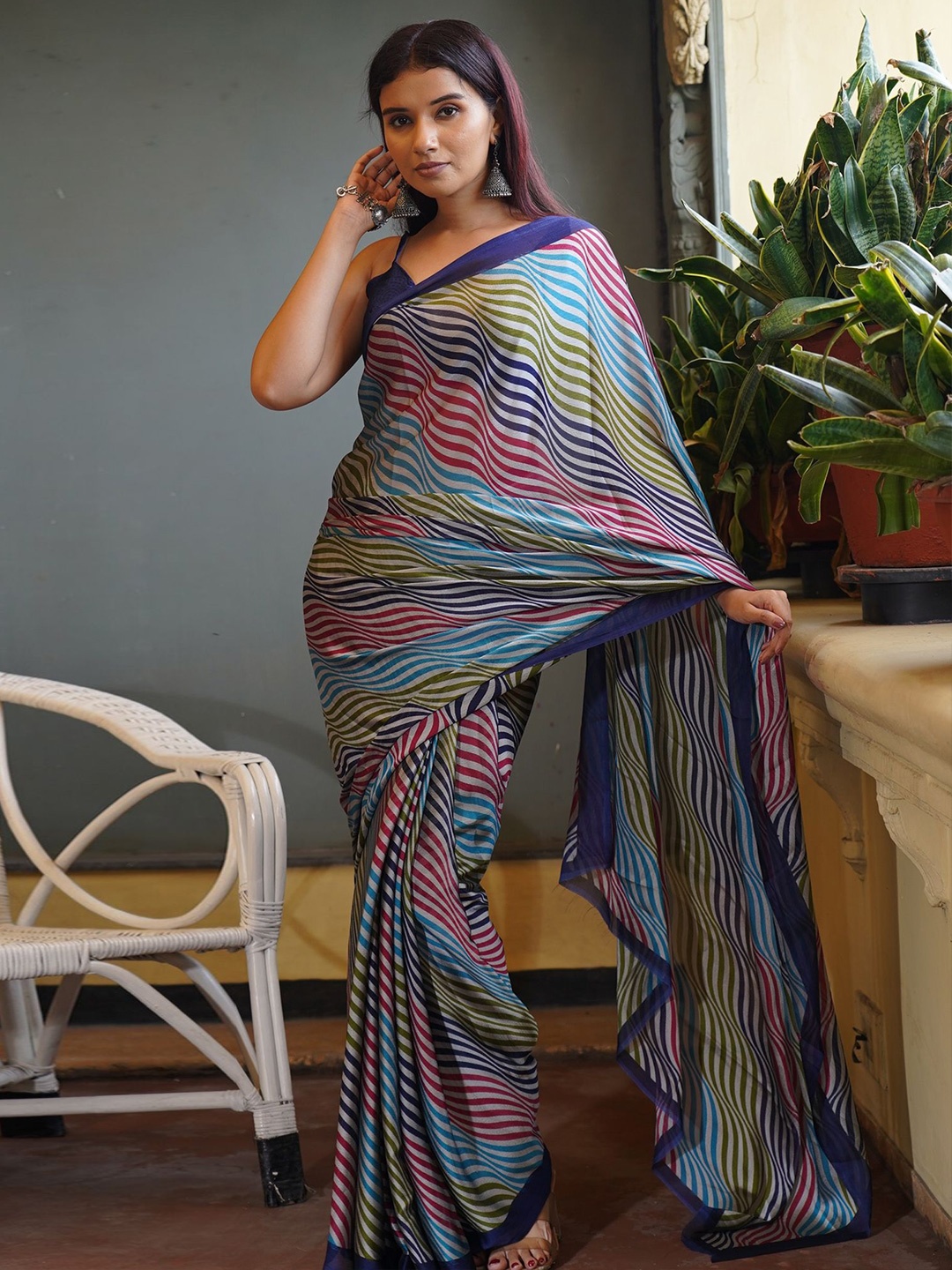 

MIRCHI FASHION Leheriya Poly Chiffon Leheriya Saree, Navy blue