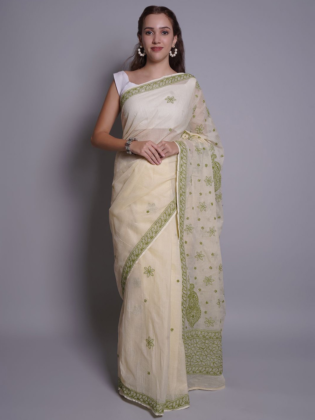 

Seva Chikan Floral Embroidered Kota Saree, Yellow