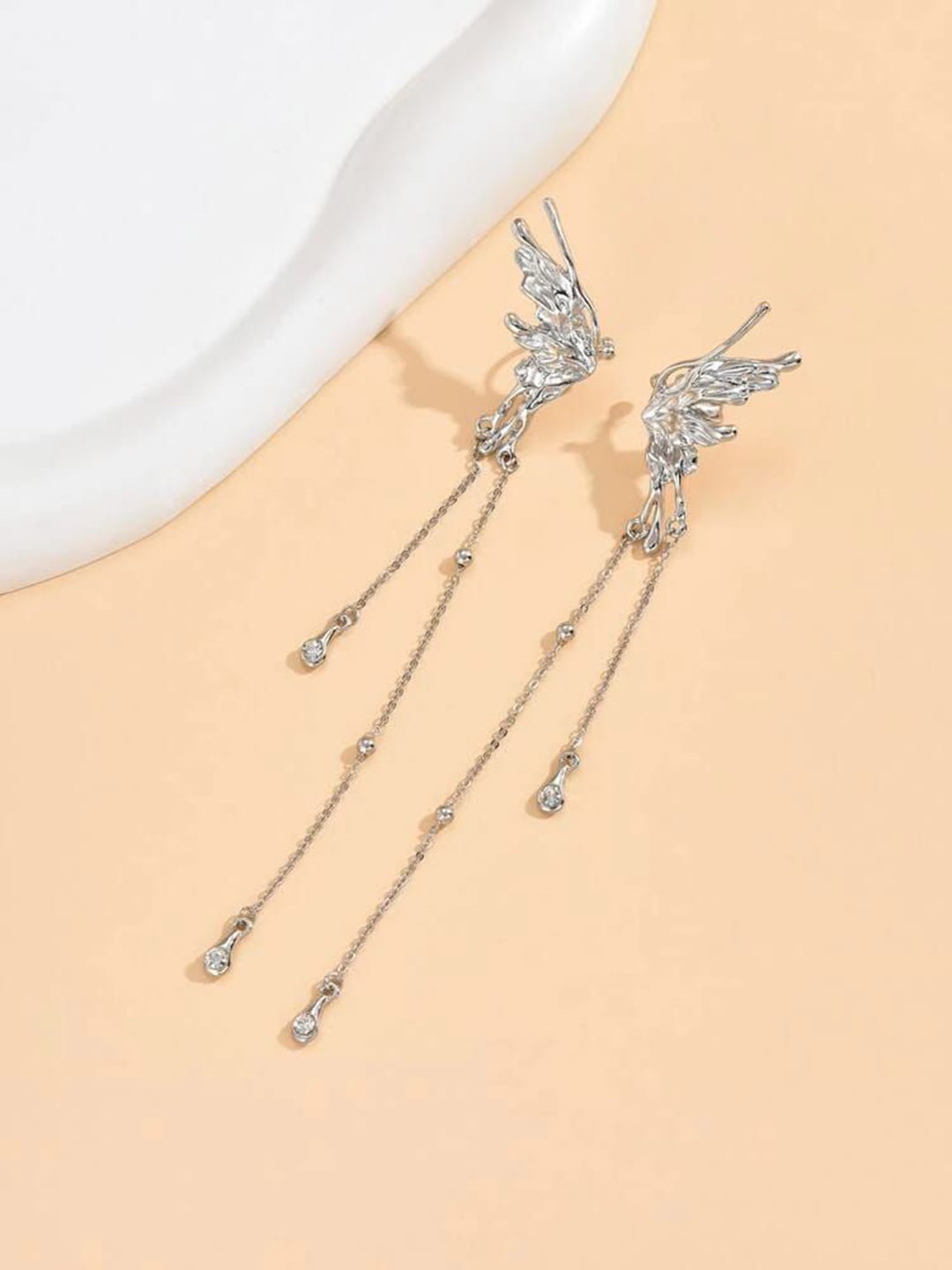 

YU FASHIONS Silver-Plated Rhinestone Studded Butterfly Shaped Drop Earrings