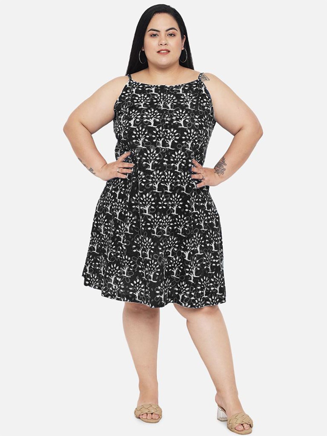 

Indietoga Plus Size Printed Pure Cotton A-Line Dress, Black